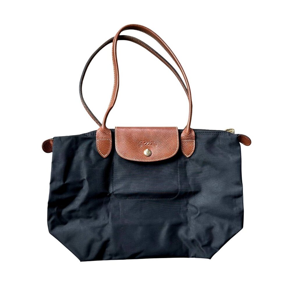 Longchamp Le Pliage Shopping MODÈLE DÉPOSÉ Black w/ Brown Leather Trim Tote Bag